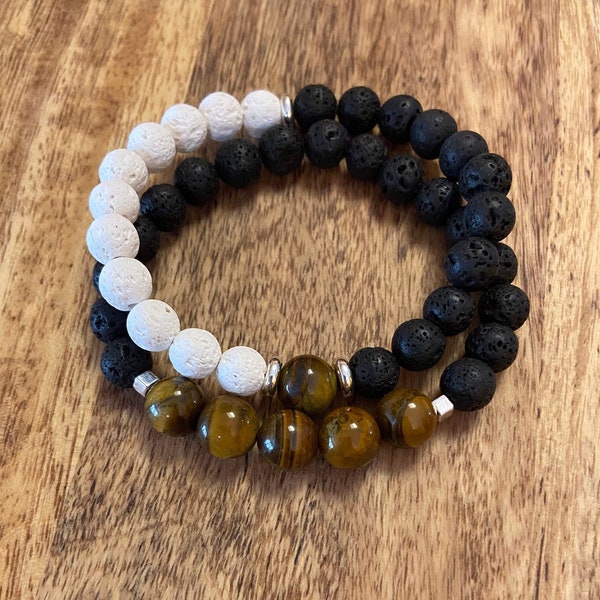 Men’s Tiger’s Eye and Lava stacked bracelets, Lava black and white beads, Tiger’s eye beads, gemstone jewelry, boho style