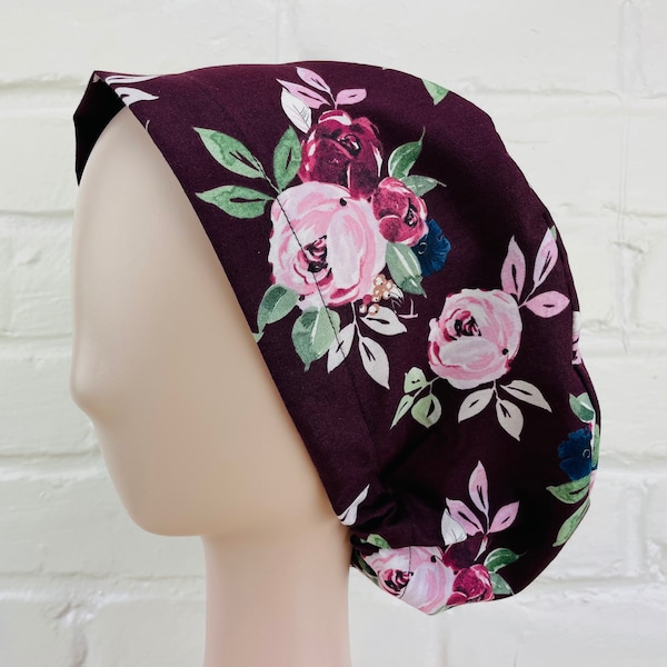 Elastic Back Toggle Tie RN Surgical Medical European Scrub Cap Handmade Made in the USA - Floral on Purple