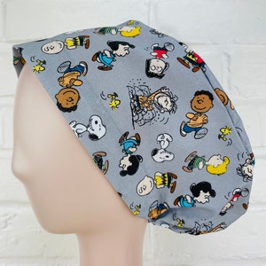 Elastic Back Toggle Tie RN Surgical Medical European Scrub Cap Handmade Made in the USA - Snoopy and Friends on Gray