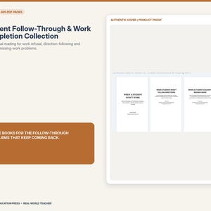Może przedstawiać: Kolekcja trzech książek pod tytułem Student Follow-Through & Work Completion Collection, zawierająca 495 stron PDF. Tytuły to When a Student Won't Work, When Students Won't Follow Directions oraz When a Student is Always Missing Work.