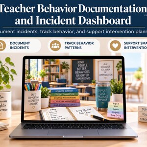 Peut inclure: Un ordinateur portable affichant un tableau de bord de documentation et d'incidents de comportement des enseignants avec le texte Document Incidents, Track Behavior Patterns et Support Smart Interventions. L'écran montre une salle de classe.