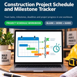 May include: A laptop screen displays a Construction Project Schedule and Milestone Tracker with a calendar graphic, colored bars, and a clock icon. The text reads Flamingo Education Press LLC, Project Schedule Workbook, and Blank + Demo + Guide.