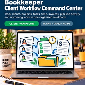 May include: A laptop screen displays a Bookkeeper Client Workflow Command Center graphic with icons for clients, tasks, a clock, and a dollar sign document. Text reads: FLAMINGO EDUCATION PRESS LLC, Bookkeeper Client Workflow Command Center.