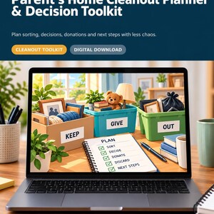 May include: A digital download titled Parent's Home Cleanout Planner & Decision Toolkit. The screen displays three storage bins labeled Keep, Give, and Out, alongside a spiral-bound planner with a checklist for sorting, deciding, and donating.