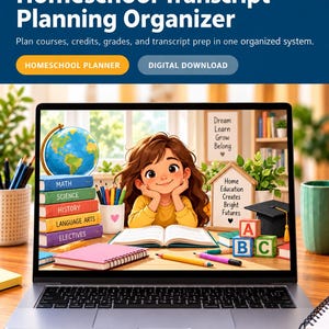 May include: A laptop displaying a digital Homeschool Transcript Planning Organizer. The screen shows an illustration of a student with books labeled Math, Science, History, Language Arts, and Electives, plus blocks and a graduation cap.