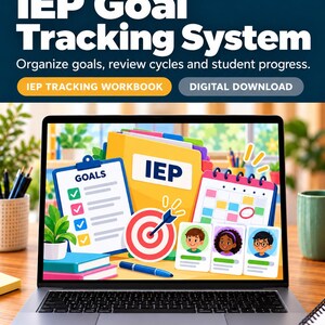 Op de afbeelding: Een laptopscherm toont een digitaal IEP-doelvolgsysteem. De afbeelding bevat een gele map met het label IEP, een klembord met een checklist voor doelen, een kalender, een doelwit met een pijl en drie portretten van leerlingen.