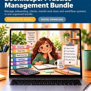 May include: A digital download product listing for a Bookkeeper Practice Management Bundle. The image shows a laptop screen displaying a cartoon person writing in a notebook, a stack of labeled binders, a calculator, and a clipboard with a checklist.
