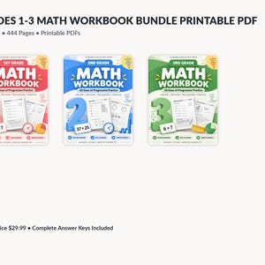 Könnte beinhalten: Ein Set aus Mathe-Arbeitsheften für die Klassen 1-3 als druckbare PDF-Dateien mit drei farbigen Umschlägen in Rot, Blau und Grün. Jedes Arbeitsheft zeigt die Klassenstufe, den Text Math Workbook und verschiedene mathematische Symbole.