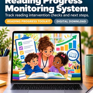 May include: A laptop screen displays a digital illustration of an adult and two children reading a book together. The graphic includes a checklist, a bar chart with an upward arrow, and a magnifying glass icon with text reading Reading Progress Monitoring System.