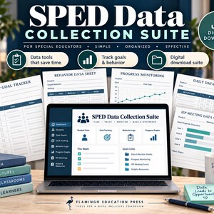 Op de afbeelding: Een digitale SPED Data Collection Suite met een laptop die een dashboard toont, omringd door geprinte databladen, doeltrackers en voortgangsformulieren, inclusief mokken met tekst en een pen op een bureau.