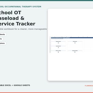 May include: A digital School Occupational Therapy System workbook featuring a School OT Caseload & Service Tracker dashboard. The interface includes buttons for Students, Goals, and Sessions, with a summary table displaying records for students, goals, and service sessions.