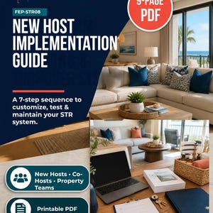May include: A 9-page PDF guide titled New Host Implementation Guide by Flamingo Education Press LLC. The document features a 7-step sequence for STR systems, including a laptop, a stack of papers, a clipboard, a pen, keys, and a woven basket.