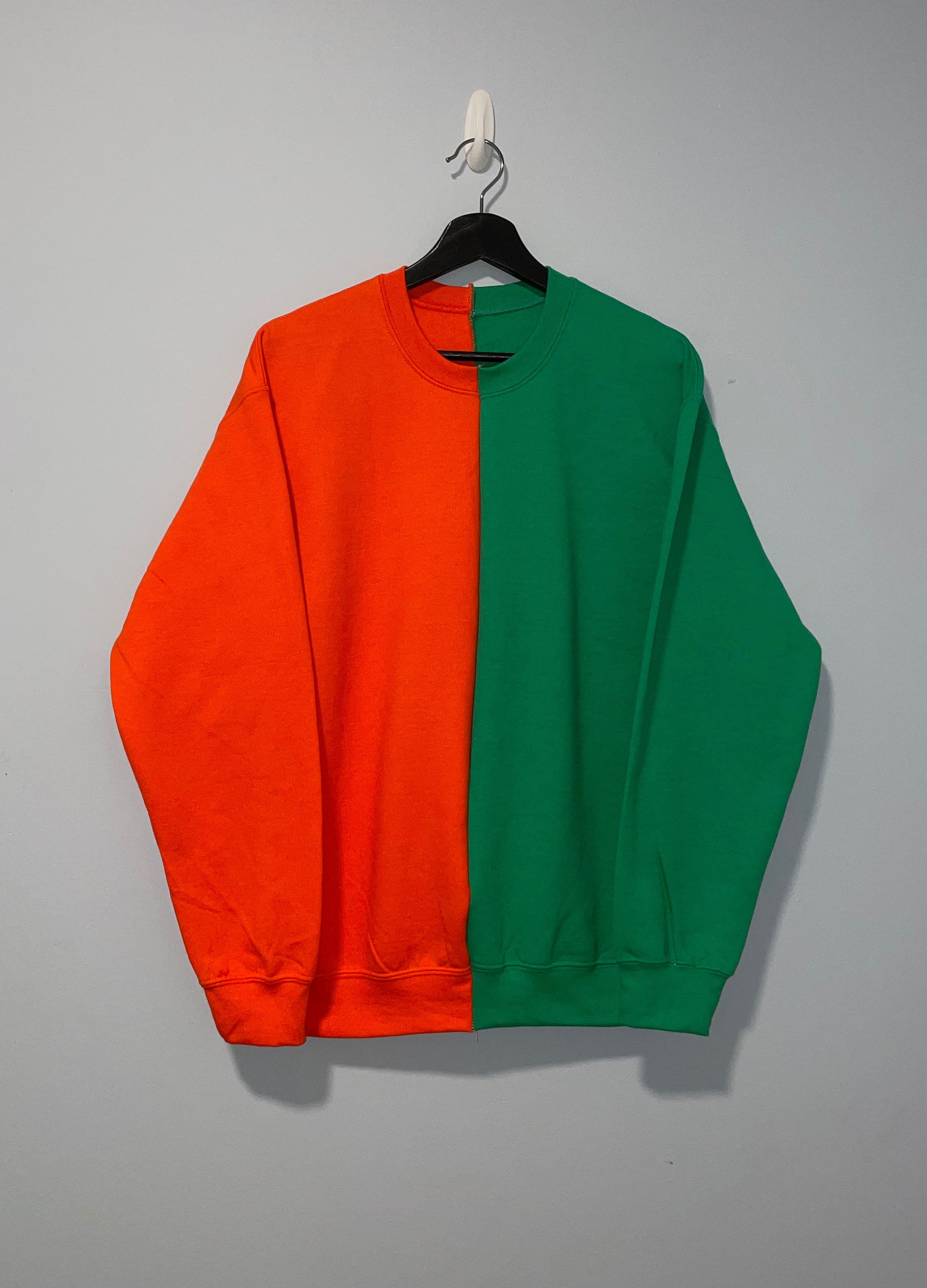 80s Mens Sweaters, Sweatshirts, Knitwear Green  Orange Oversized Two-Toned Crewneck - Personalized Sweatshirt-Oversized Sweatshirt-Orange Sweatshirt-Umiami $30.94 AT vintagedancer.com