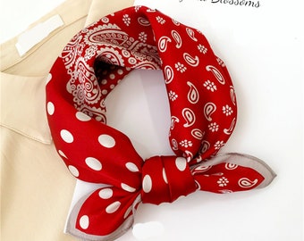 Écharpe carrée en soie à pois et cachemire 53 cm, écharpe pour femme, écharpe tendance, bandana, foulard en soie, petite écharpe, idée cadeau, écharpe rouge