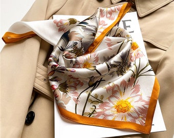 53cm Mulberry Silk Scarf Square, Women's Scarf, Fashion Scarf, Bandana, Bag Accessory, Gift Idea, Spring Flowers