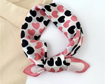 53cm Mulberry Silk Scarf Square, Women's Scarf, Fashion Scarf, Bandana, Bag Accessory, Gift, Pink and Black Hearts