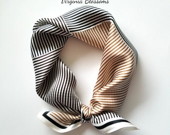 Stripes Silk Scarf 53cm Square, Women's Scarf, Fashion Scarf, Bandana, Silk Head Scarf, Small Scarf, Four-tones Stripes, Geometric Lines