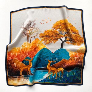 Enchanting Lake 53cm Mulberry Silk Scarf Square, Women's Scarf, Fashion Scarf, Silk Bandana, Silk Head Scarf, Deers Nature Print Scarf image 3