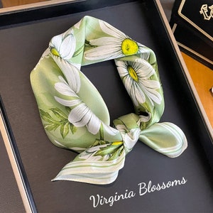 Daisy Floral 53cm 100% Silk Square Scarf, Women's Scarf, Fashion Scarf, Bandana, Headband, Scrunchie, Dahlia Floral Scarf, Green Scarf