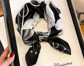 Black White Floral 53cm 100% Silk Square Scarf, Women's Scarf, Fashion Scarf, Silk Bandana, Headband, Scrunchie, Bag Accessory, Black Scarf