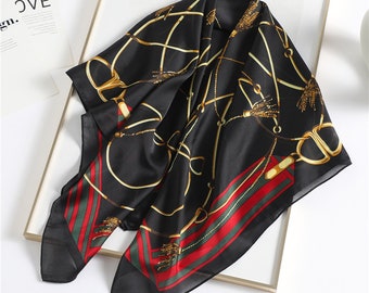 Grey Chains Printed Double Layer Long Silk Scarf Grey Chains Printed Double Layer Long Silk Scarf