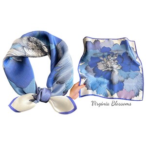 Floral Blue Scarf 53cm Mulberry Silk Scarf Square, Women's Scarf, Fashion Scarf, Bandana, Bag Accessory, Gift Idea, Flower Print