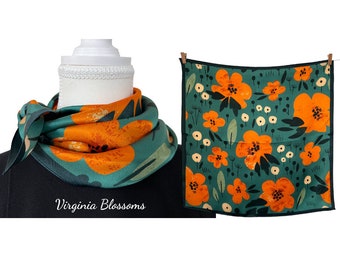 Carré en soie 53 cm, écharpe pour femme, écharpe tendance, bandana en soie, foulard en soie, idée cadeau, coquelicot orange, écharpe à fleurs, accessoire