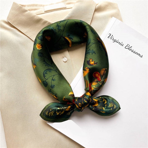 Carré en soie à fleurs vert foncé, écharpe pour femme, écharpe tendance, bandana, foulard en soie, petite écharpe, imprimé fleurs, oiseaux et poires