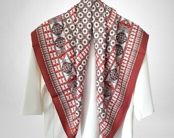 Foulard carré en sergé de soie de 90 cm, imprimé double face, foulard pour femmes, foulard de mode, bandana en soie, foulard en soie pour cheveux, imprimé Boho ocre rouge