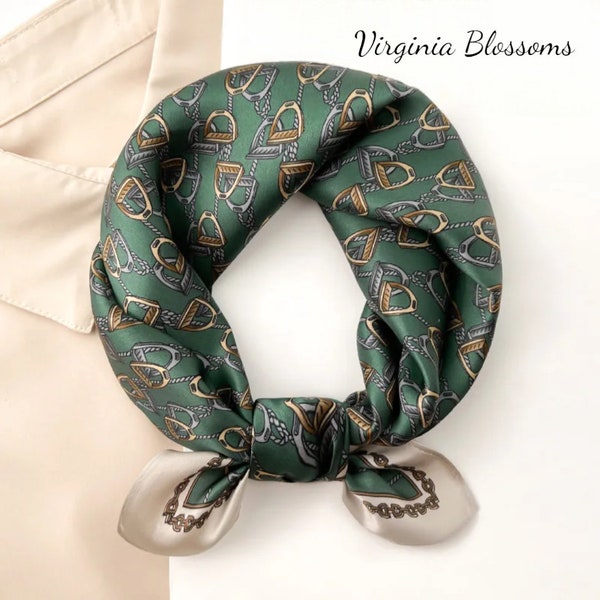 Chain Sage Green 53cm Silk Scarf Square, Women's Scarf, Fashion Scarf, Silk Bandana, Silk Head Scarf, Bag Scarf, Forest Green Scarf