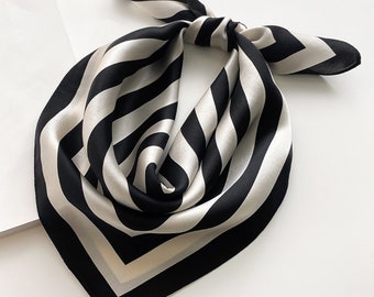 Stripe Squares 53cm 100% Silk Square Scarf, Women's Scarf, Men's Scarf, Fashion Scarf, Silk Bandana, Geometric Lines, Black Stripes