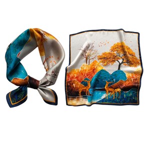 Enchanting Lake 53cm Mulberry Silk Scarf Square, Women's Scarf, Fashion Scarf, Silk Bandana, Silk Head Scarf, Deers Nature Print Scarf image 1