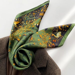 Dark Green Floral 68cm Silk Scarf Square, Women's Scarf, Fashion Scarf, Bandana, Silk Head Scarf, Floral, Birds and Pears Print