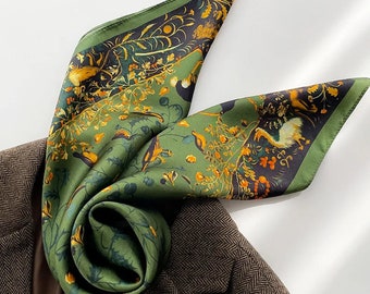 Carré en soie 68 cm à fleurs vert foncé, écharpe pour femme, écharpe tendance, bandana, foulard en soie, imprimé fleurs, oiseaux et poires