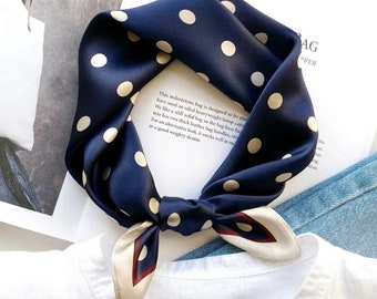 Polka Dots 53cm Silk Square Scarf, Women's Scarf, Fashion Scarf, Bandana, Silk Headscarf, Scarf for Bag, Gift Idea, Blue Polka