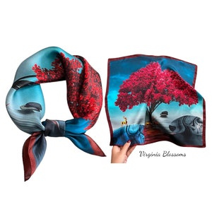 Red Burgundy Tree 53cm 100% Silk Square Scarf, Women's Scarf, Fashion Scarf, Silk Bandana, Headband, Scrunchie, Tree and Deer, Blue Burgundy