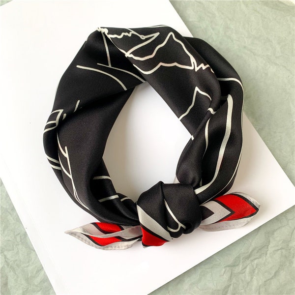 53cm Mulberry Silk Square Scarf, Women's Scarf, Fashion Scarf, Bandana, Headband, Bag Accessory, Abstract Uni, Black Scarf