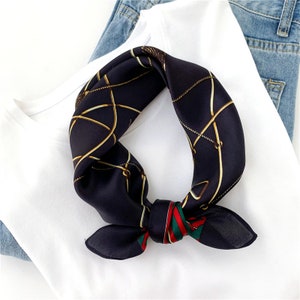 53cm Mulberry Silk Scarf Square, Women's Scarf, Fashion Scarf, Bandana, Bag Accessory, Gift Idea, Black Gold Chain Print