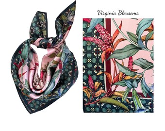 Foulard carré 100 % soie lupin 68 cm, écharpe pour femme, écharpe tendance, bandana, chouchou, accessoire de sac, fleurs vivaces trompette ange
