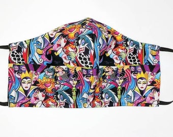 Disney Villains Evil Queen Maleficent Cruella Hades Inspired Fabric Face Mask Handmade Multiple Sizes Filter Pocket Adjustable Straps