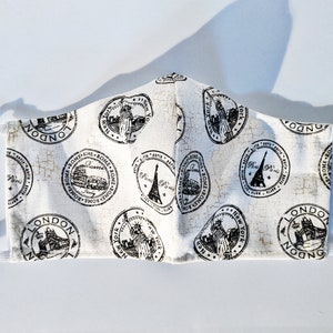 Travel Stamps London Rome Paris New York Fabric Face Mask Handmade Multiple Sizes with Filter Pocket and Adjustable Straps
