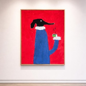 May include: Abstract painting of a black figure with a long nose, wearing a blue coat and white collar, holding a green cup. The background is a solid red color. The artwork is framed in a wooden frame and displayed on a white wall.