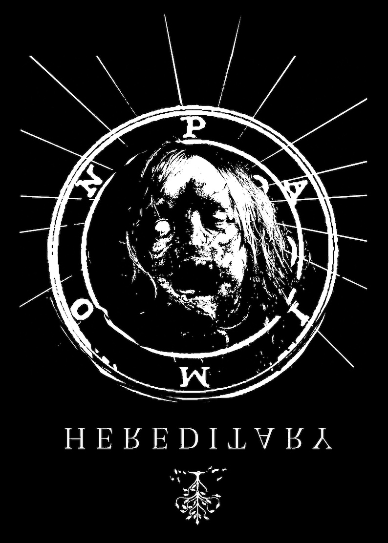 May include: Black and white image of a face with a circle around it. The circle has the letters "NOW" and "P.A.W.I." around it. The text "HEBEDILVAK" is below the circle.