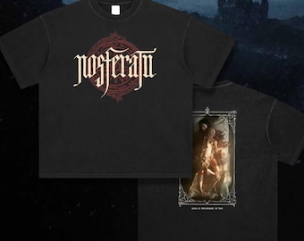 May include: Two black t-shirts with a gothic design. The front of one shirt features a red and white circular design with the word "Nosferatu" in a gothic font. The back of the other shirt features a black and white image of a woman in a bed with the text "Love is darkness to you".