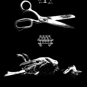 May include: A black and white poster with a pair of scissors, a stylized bird, and the text "A24".