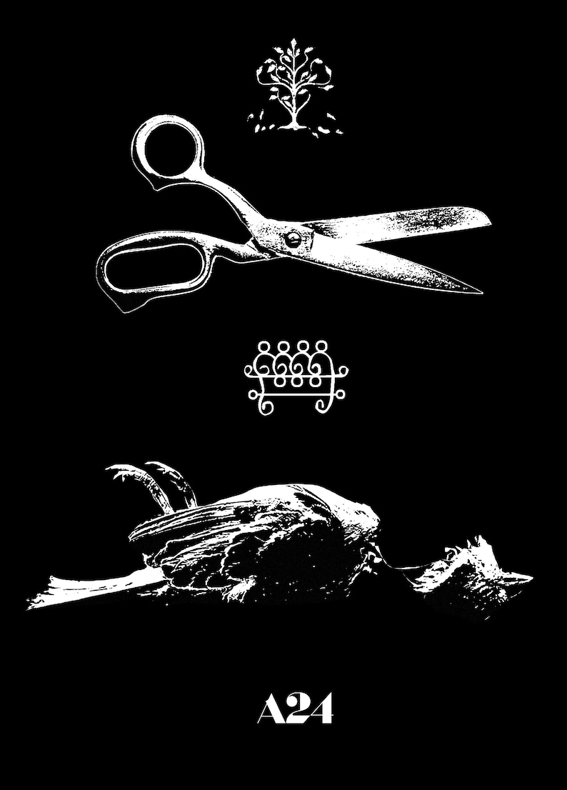 May include: A black and white poster with a pair of scissors, a stylized bird, and the text "A24".
