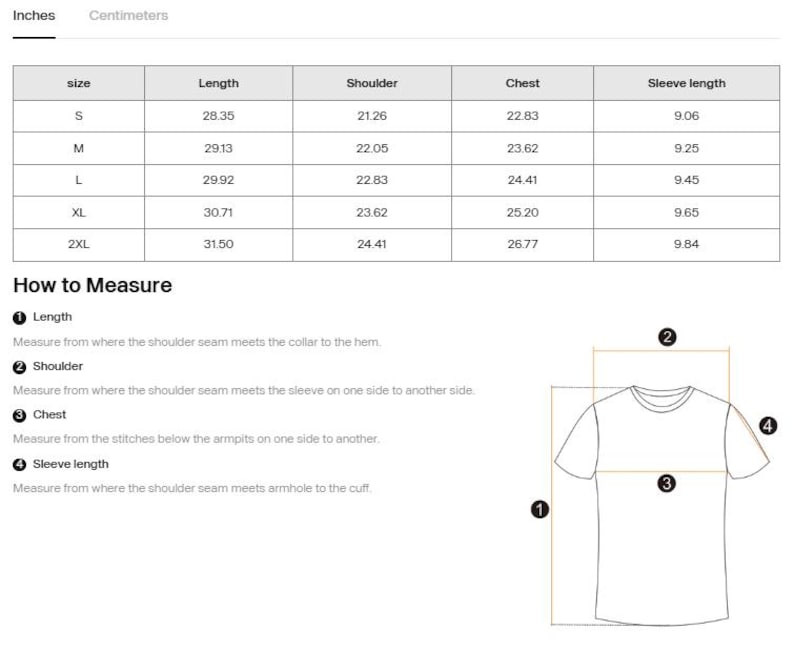 May include: A size chart for a t-shirt with columns for length, shoulder, chest, and sleeve length in inches for sizes S through 2XL. Below the table, a diagram illustrates how to measure these specific areas on a t-shirt using numbered labels.