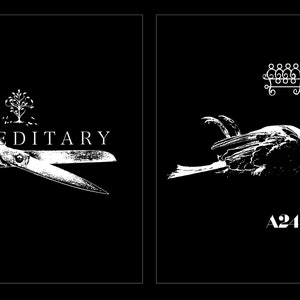 May include: A black and white graphic design featuring two panels. The left panel shows a pair of scissors, a tree icon, and the text HEREDITARY. The right panel displays a dead bird, a sigil symbol, and the text A24 in white on black.