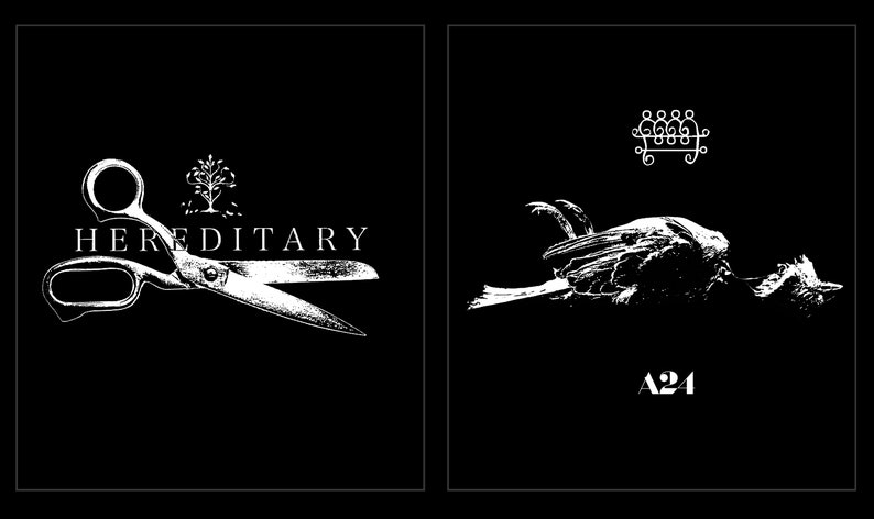 May include: A black and white graphic design featuring two panels. The left panel shows a pair of scissors, a tree icon, and the text HEREDITARY. The right panel displays a dead bird, a sigil symbol, and the text A24 in white on black.