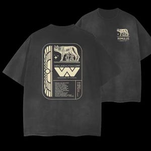May include: A black t-shirt with a graphic print of a wolf and the text "Weyland-Yutan Corp. Building Better Worlds" on the back. The front of the shirt has the text "Romulus - Laboratory" printed on it.